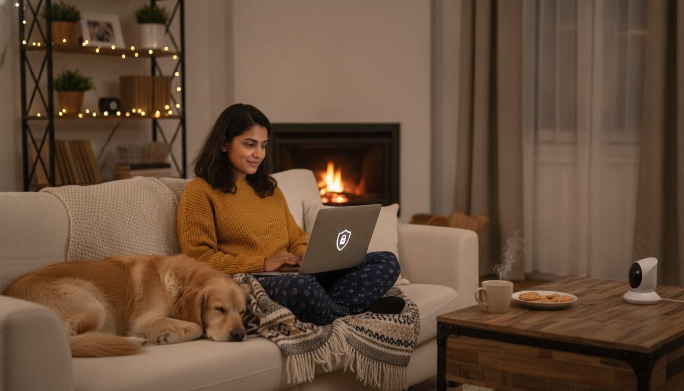 Safe and Secure Gaming Environment Woman using a laptop in a cozy Indian home