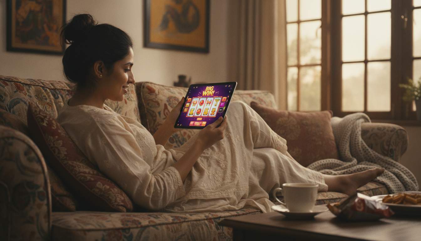 Enjoying Slots at Bitguruz A woman enjoying online slots at home