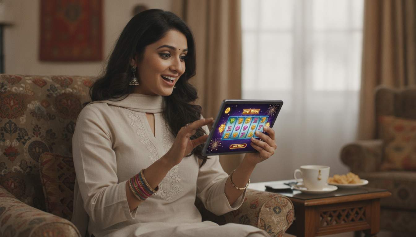 Exciting Slot Gameplay Woman enjoying online slots